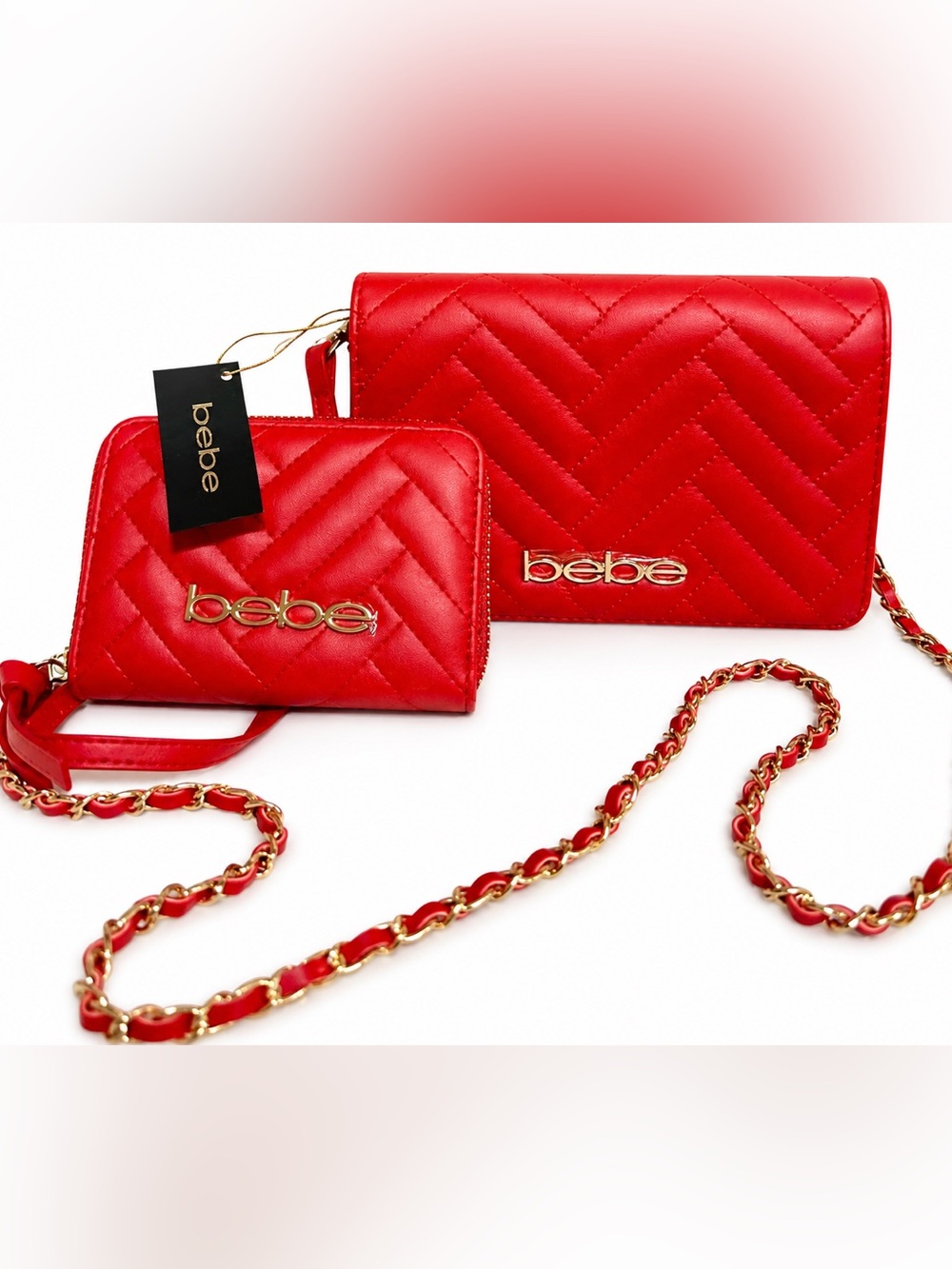 bebe Quilted Red Mini Crossbody and Wallet Set